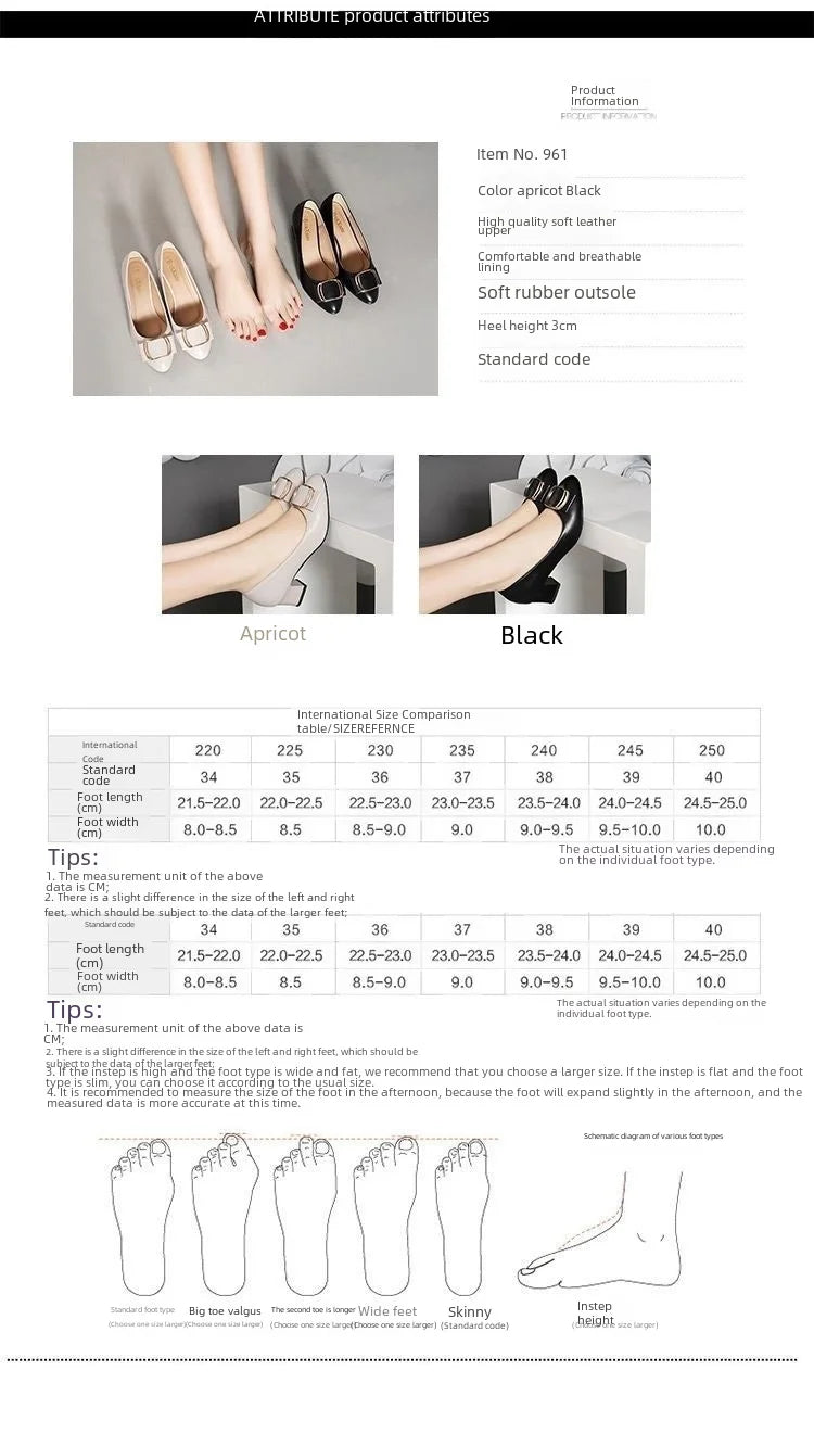 Soft Leather Office Work Shoes Women's Four-season Versatile Medium Heel Shoes Thick Heel Shallow Professional Leather Shoes