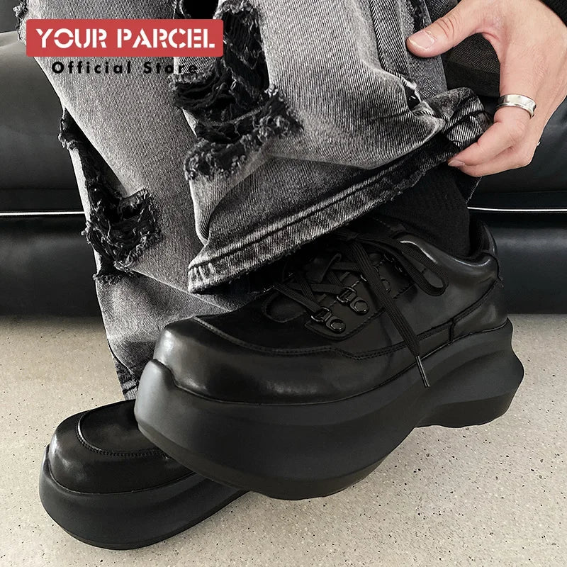 Thick soled 7CM raised leather shoes for men, black sports shoes for women, lightweight soft soled dad shoes for couples