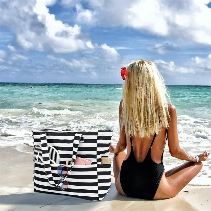 Beach Tote Bag Women Foldable Travel Bag with Anti-Sand Pocket Lightweight Storage Bag for Gym/Shopping Packable in Carry-On