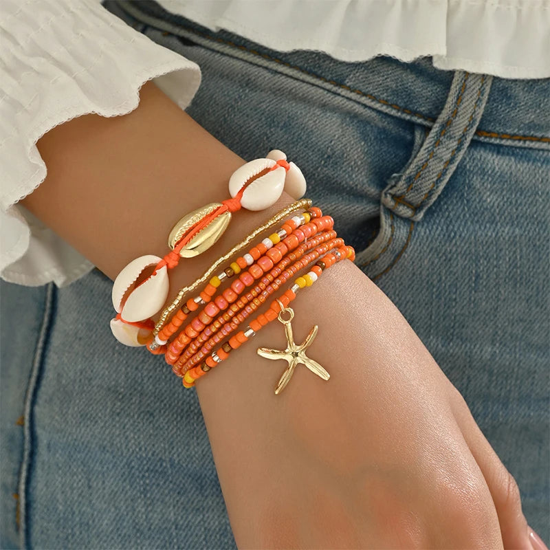 7Pcs Bohemian Style Starfish Shell Hand Woven Bracelet For Women Girls Fashion Beaded Bracelet Summer Beach Vacation Accessories