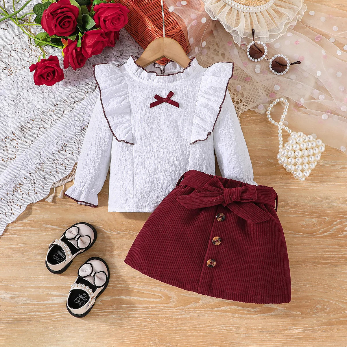 Kid Girl Dress White Long - Sleeved Shirt Ruffled Collar with Trim Corduroy Skirt Large Bow Three Buttons Children Elegant Skirt
