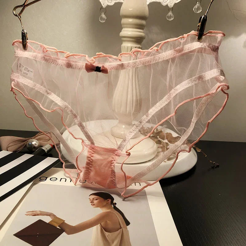Sexy Women Transparent Panties Pink Bow Cotton Crotch Briefs Female Mesh Breathable Underwear Wave Edged Hollow Out Underpants