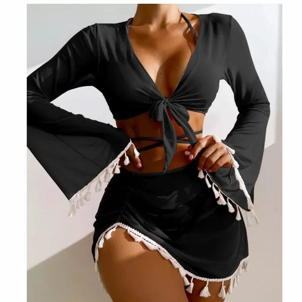 Badeanzug Damen Strandbekleidung Einfarbiger Strandanzug mit Quasten Überwurf aus Mesh, kurzer Bikinirock, süßes Schwimmbad-Outfit Frühling Sommer