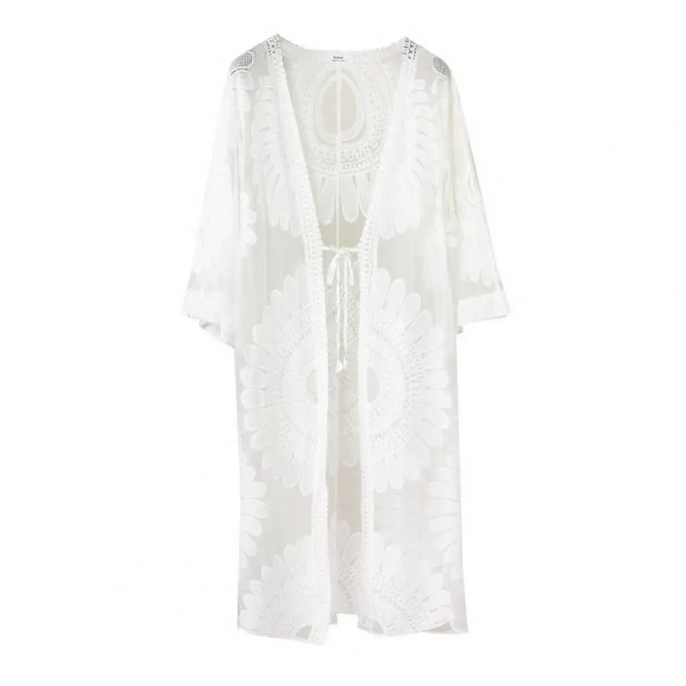 One Size  Sexy Lace Up Summer Beach Cover Up Solid Color Women Beach Dress Flower Embroidery   Women Clothes