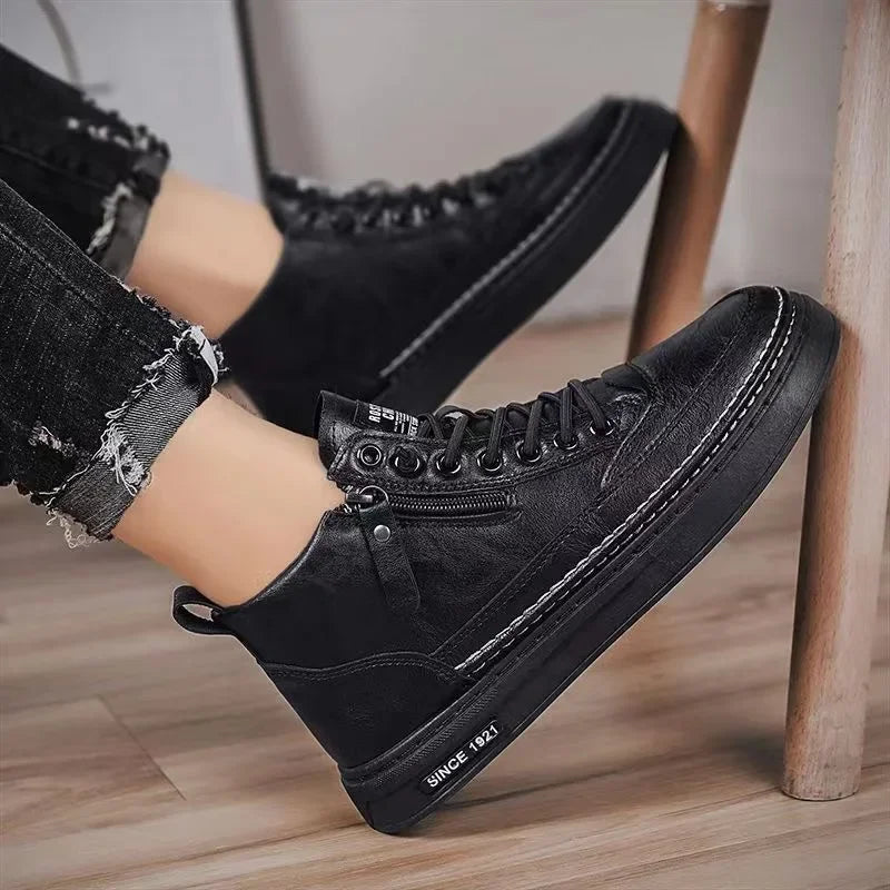 Men's Shoes Fashion High Top Sneakers PU Leather Casual Shoes for Men Platform Boots Retro Zipper Ankle Boots Zapatillas Hombre