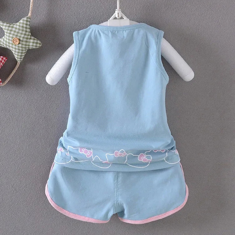 Baby Girls Summer Clothes Sets Infant Children Cartoon Hello Kitty Cotton Sleeveless T-Shirt Vest+Shorts Suits Toddler Clothing