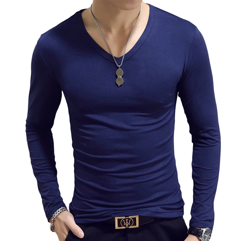 2020 Elastic Mens T-Shirt O-Neck Round Neck Long Sleeve Men T-Shirt For Male Lycra And Cotton T-Shirts Man Clothing