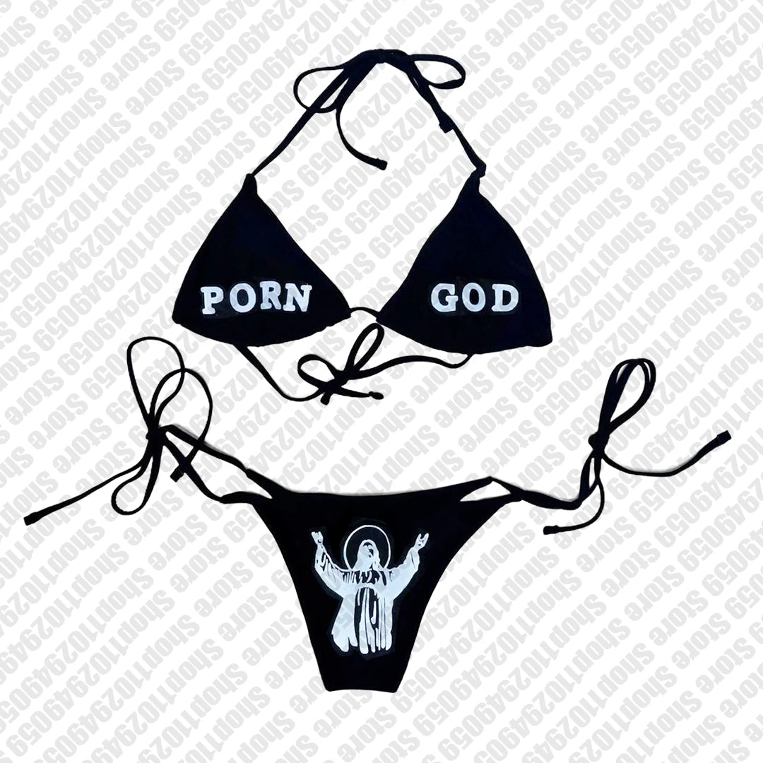 Y2k Style Letter Print Bikini Set Sexy Thong Swimsuit Two Pieces Bathing Suit Punk Gothic Fashion Women Swimwear 2000s Emo Girls