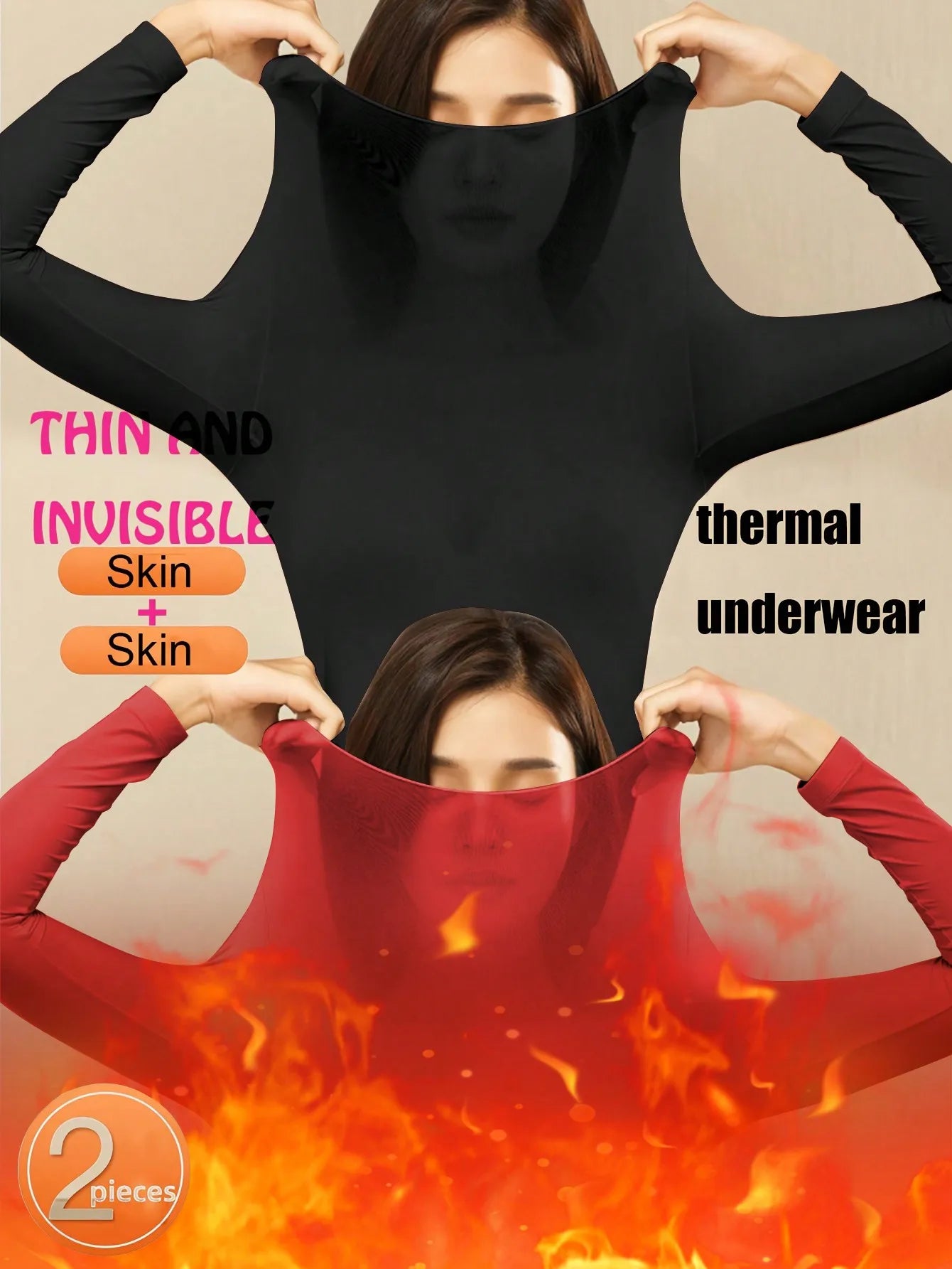 2 Pcs Women's Seamless Ultra-Thin Thermal Underwear - Soft & Comfy Long Sleeve Round Neck Top Perfect For Lingerie & Sleepwear