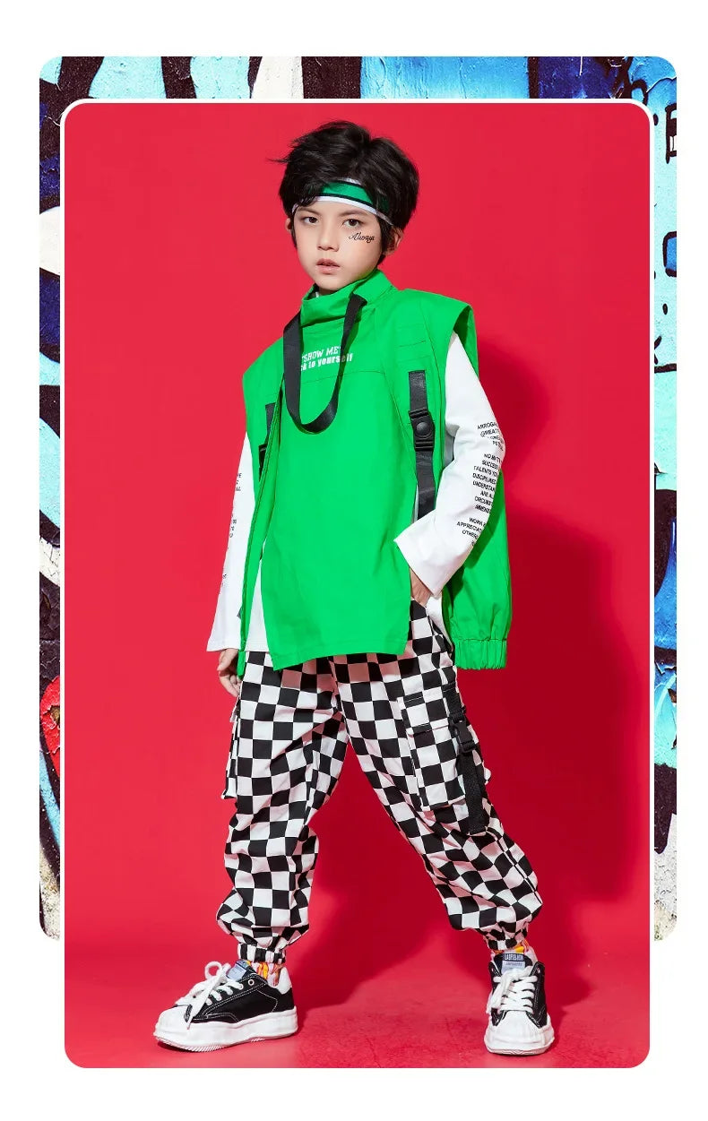 Kid Hip Hop Clothing Sleeveless Jacket Top Streetwear Checkered Tactical Cargo Jogger Pants for Girls Boys Dance Costume Clothes