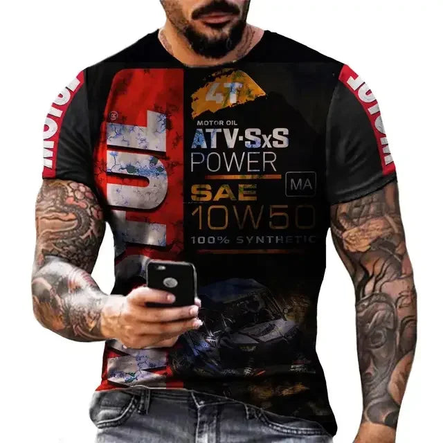 Men's casual T-shirt, white-collar shorts, quick drying summer shirt, breathable, racing motorcycle, 3D printed short top, 2025