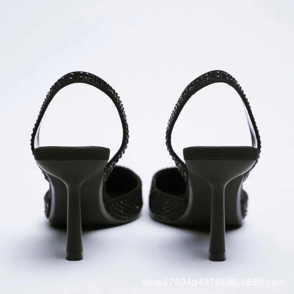 Gold Women Heels Sandals 2023 Summer Crystal Pointed Toe Female Stiletto African Party Rhinestone Shallow Slip On Heel Shoes