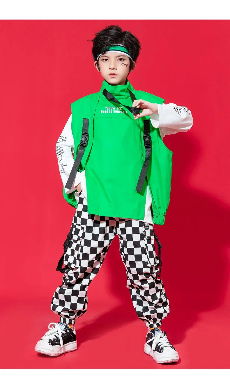 Kid Hip Hop Clothing Sleeveless Jacket Top Streetwear Checkered Tactical Cargo Jogger Pants for Girls Boys Dance Costume Clothes