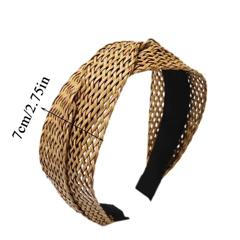 Bohemian Beach Straw Weaving Cross Knotted Headband Women Wide-brimmed Hand-woven Hair Hoop Travel Holiday Headdress Accessories