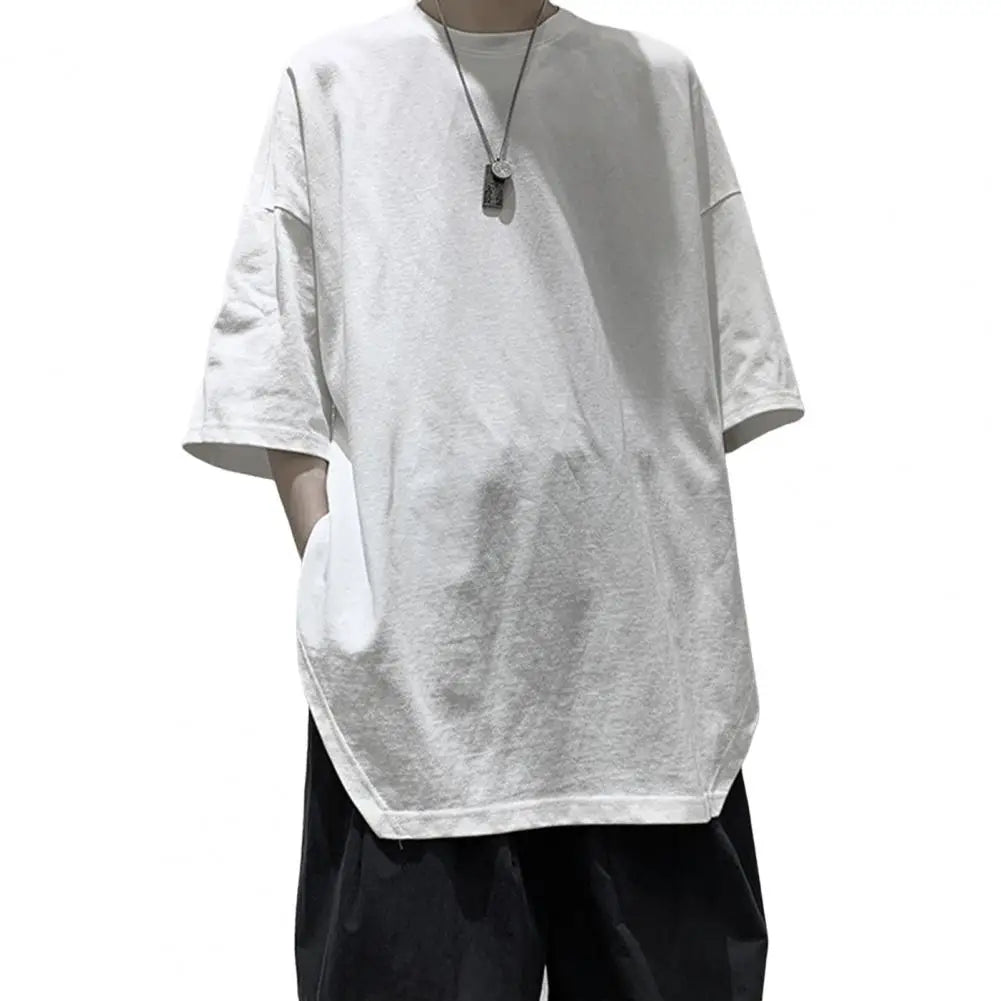 Summer Oversized T-shirt Solid Round Neck Loose Side Split T Shirt for Men Harajuku Half Sleeve Tee Simple Daily Tees