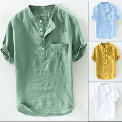 Spring and Summer Men's Cotton Linen Shirts Long Sleeve Casual Beach Henley T-Shirt Vacation Tops with Pocket Men Streetwear