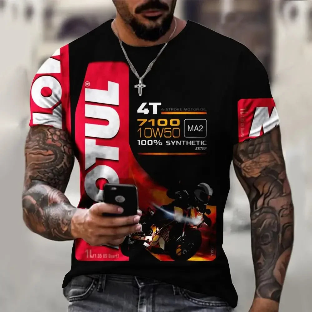 Men's casual T-shirt, white-collar shorts, quick drying summer shirt, breathable, racing motorcycle, 3D printed short top, 2025