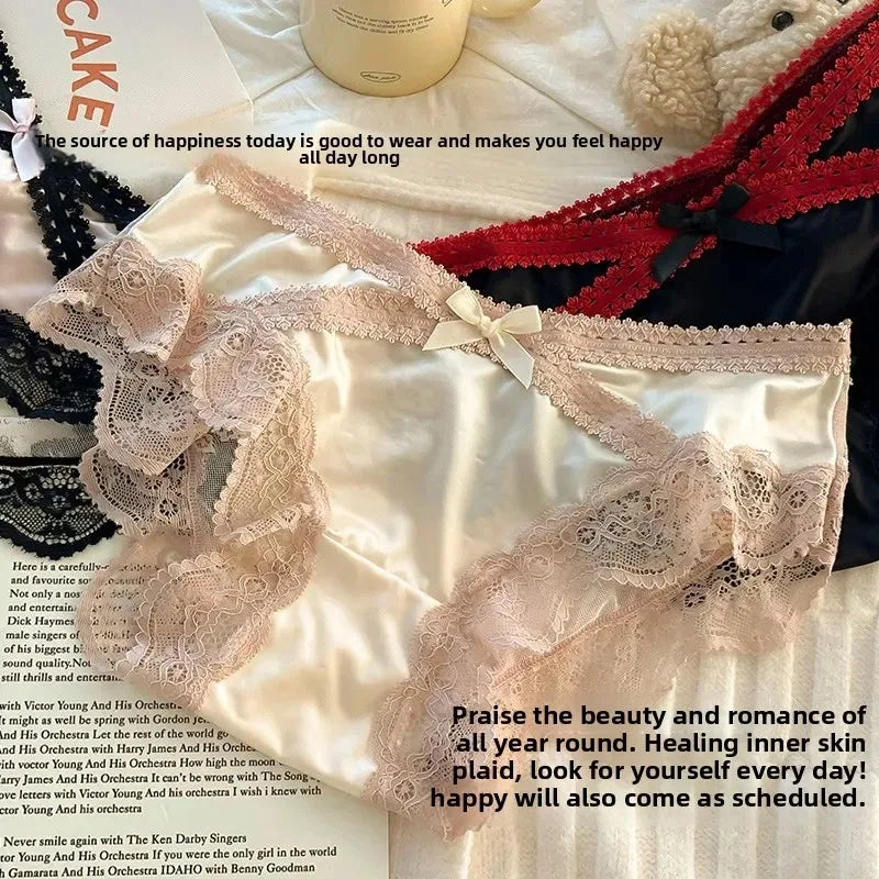 French Lace Underwear Pure Cotton Crotch Satin Sexy Triangle Panties Women's Innerwear Comfortable Breathable Ladies Briefs
