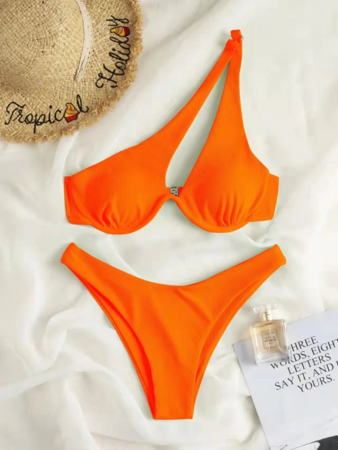 2024 Luxury Two-Pieces Solid Patchwork Underwire Push Up One Shoulder Cut Out Beachwear Swimwear Biqunis Brazilian Thong Bikinis