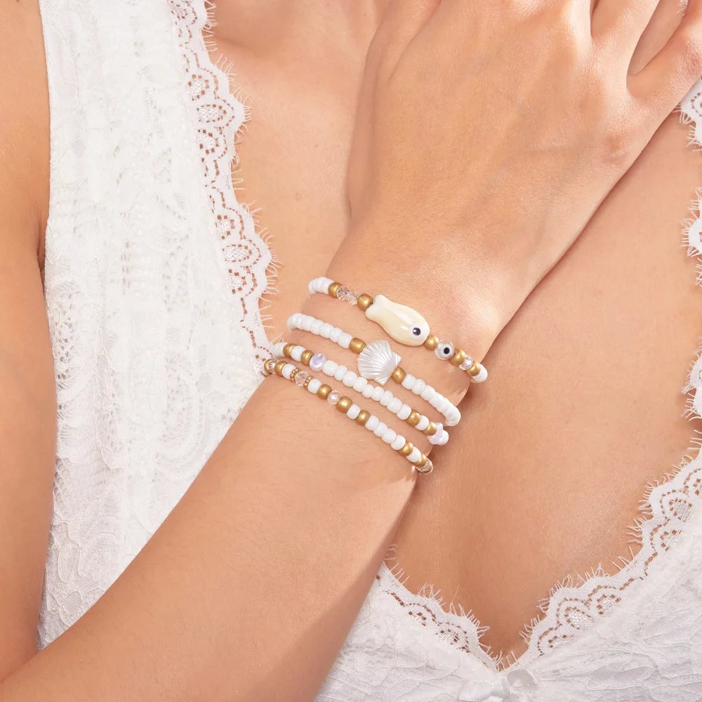 4pcs Set Bohemian Fashion Ceramic Fish Shells Rice Bead Bracelet for Women Summer Beach Vacation Cute Jewelry Accessories Gifts