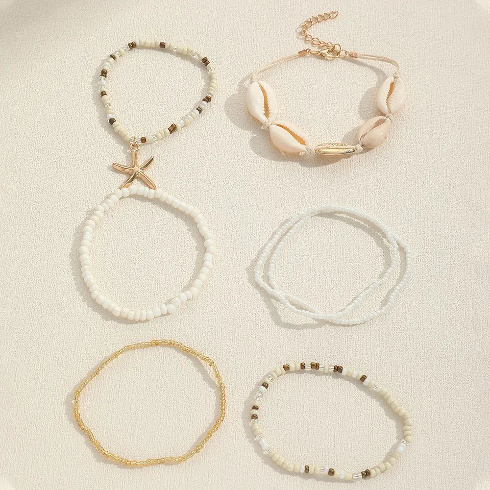7Pcs/Set Bohemian   Recreational Starfish Shell Woven Bracelet Set For Women Summer Beach Vacation Accessories