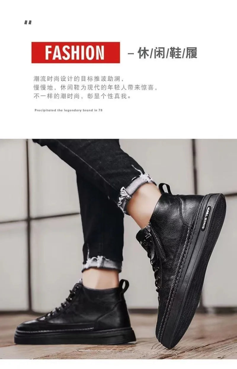 Men's Shoes Fashion High Top Sneakers PU Leather Casual Shoes for Men Platform Boots Retro Zipper Ankle Boots Zapatillas Hombre