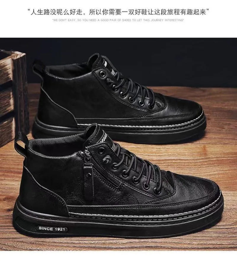 Men's Shoes Fashion High Top Sneakers PU Leather Casual Shoes for Men Platform Boots Retro Zipper Ankle Boots Zapatillas Hombre