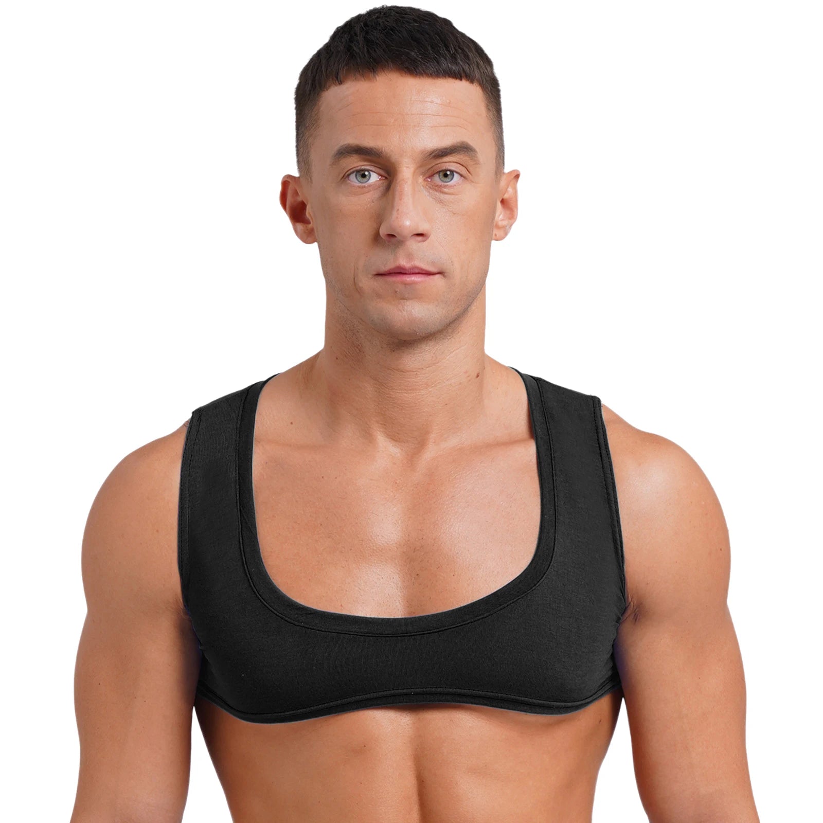Mens Sexy Muscles Showing Off Crop Top Low Scoop Neck Sleeveless Solid Color Tank Top Vest for Bodybuilding Disco Nightclub