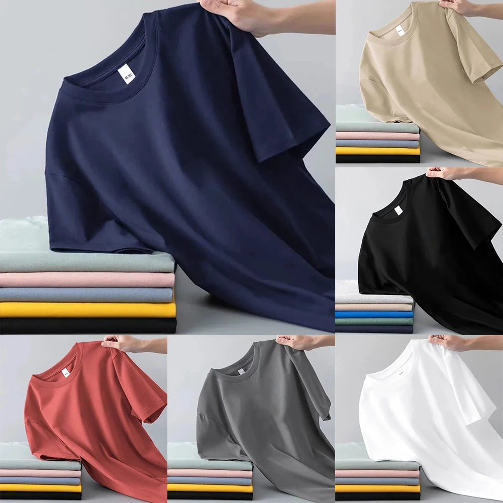 Spring Summer New Polyester Simple Casual Short Sleeve T-shirts For Men Clothing Solid Color Loose Streetwear