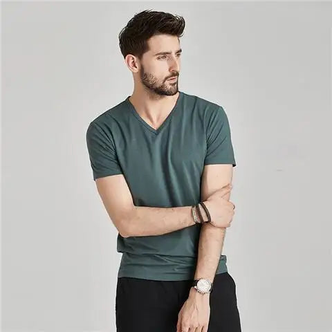 Summer Fashion Luxury Brand T-Shirts for Men with V-Neck Short Sleeves and Ice Silk Modal Fabric Gym Golf Clothing Men Tops