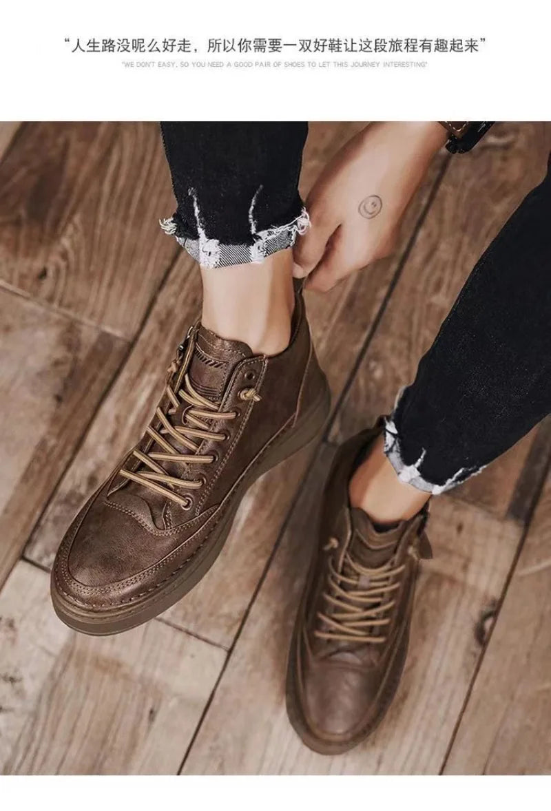 Men's Shoes Fashion High Top Sneakers PU Leather Casual Shoes for Men Platform Boots Retro Zipper Ankle Boots Zapatillas Hombre