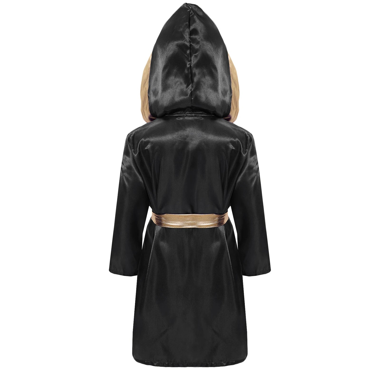 Kids Boys Boxing Training Outfit Long Sleeve Open Front Metallic Satin Robe Hooded Cloak with Athletic Shorts And Boxer Gloves