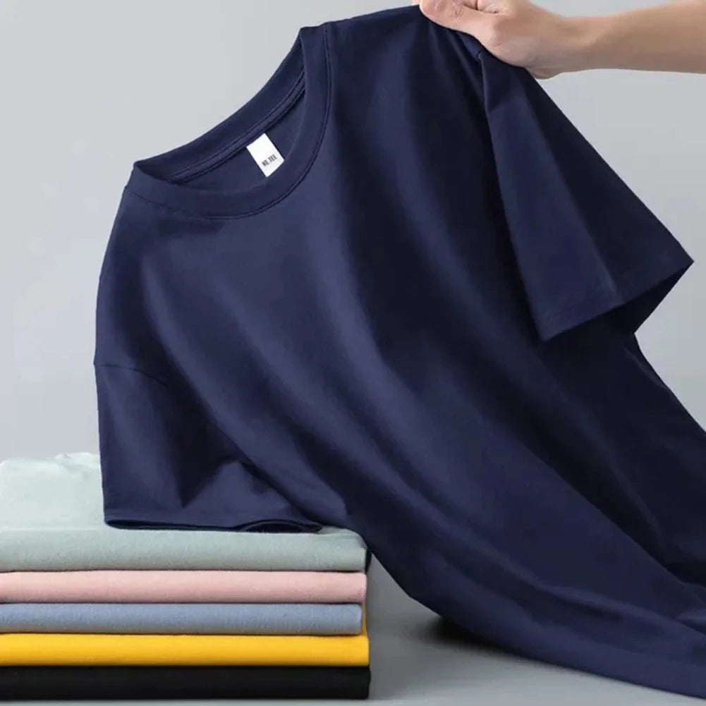 Spring Summer New Polyester Simple Casual Short Sleeve T-shirts For Men Clothing Solid Color Loose Streetwear