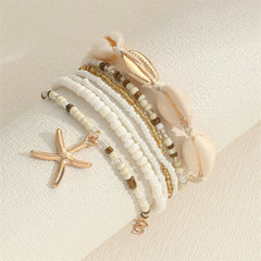7Pcs/Set Bohemian   Recreational Starfish Shell Woven Bracelet Set For Women Summer Beach Vacation Accessories
