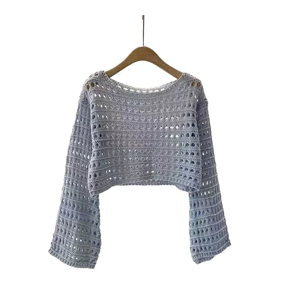 Women Long Sleeve Crochet Knitted Sweater Beach Bikini Cover Up Top Summer