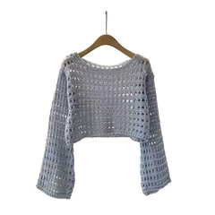Women Long Sleeve Crochet Knitted Sweater Beach Bikini Cover Up Top Summer