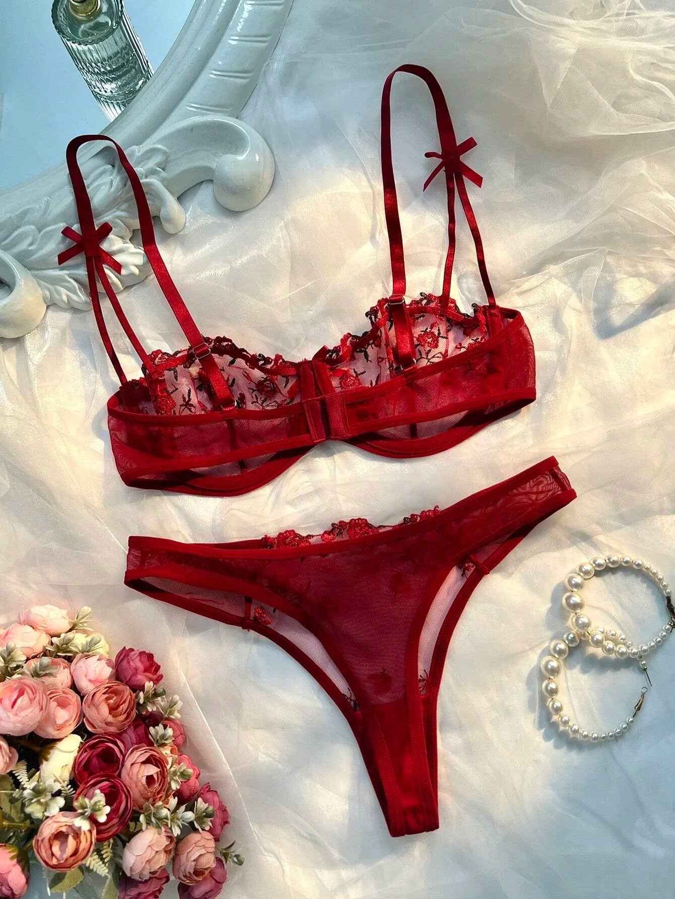 Sexy Lingerie Women Thin Transparent Lace See Through Female Erotic Underwear Bra And Panty Set Sleepwear Suit Embroidery Floral