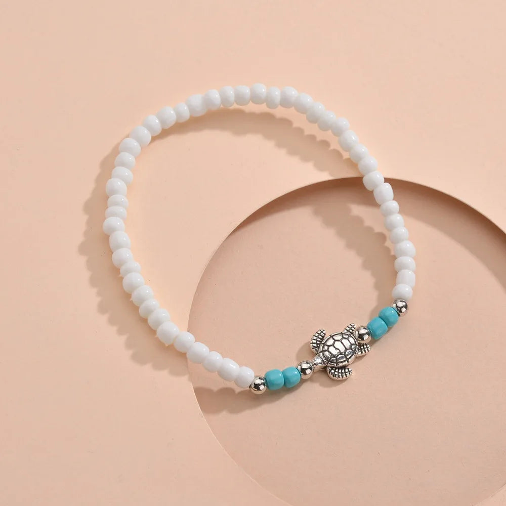 Bohe Sea Turtle Rainbow Beaded Anklets For Women Elastic Rope Chains Adjustable Ankle Bracelet Beach Jewelry Summer Accessories