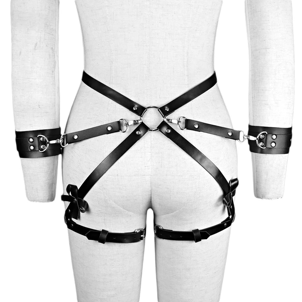 Exotic Accessories SM Bondage Kit Leather Thigh Cuffs Waist Belt Handcuffs Bed Strap Adult Role Play Toy for Couples