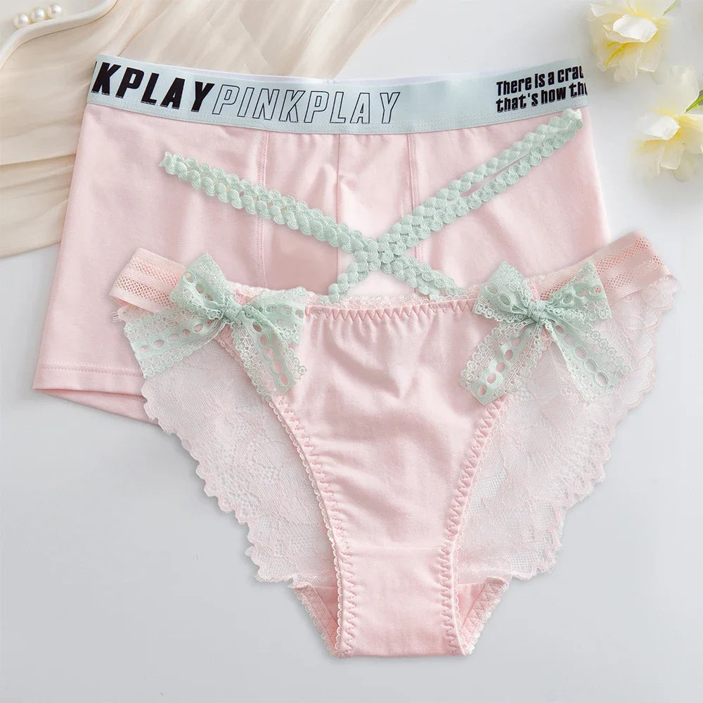 Sexy Men's and Women Underwear Couple Panties Cute Lolita Bow Lace Panties Women Briefs Male Comfort Boxers Cozy Lovers Panties