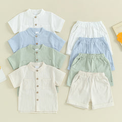 Kids Baby Boys Summer Cotton Linen Solid Short Sleeve Buttons Tops and Elastic Waist Shorts Set 2Pcs Infants Clothing