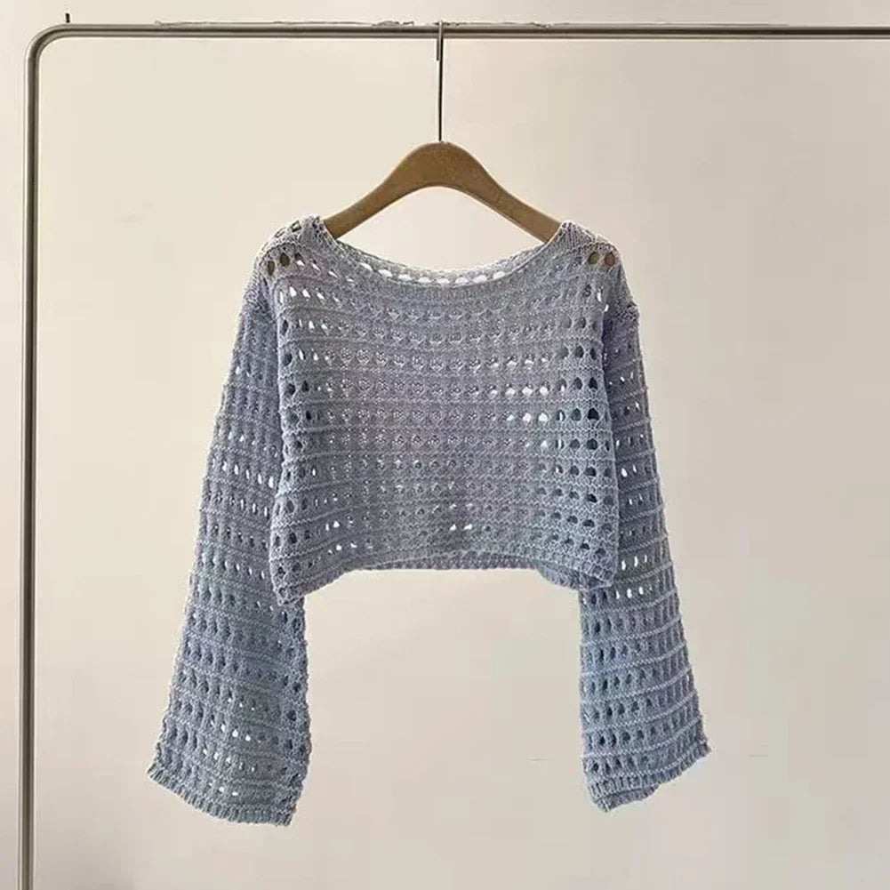 Women Long Sleeve Crochet Knitted Sweater Beach Bikini Cover Up Top Summer