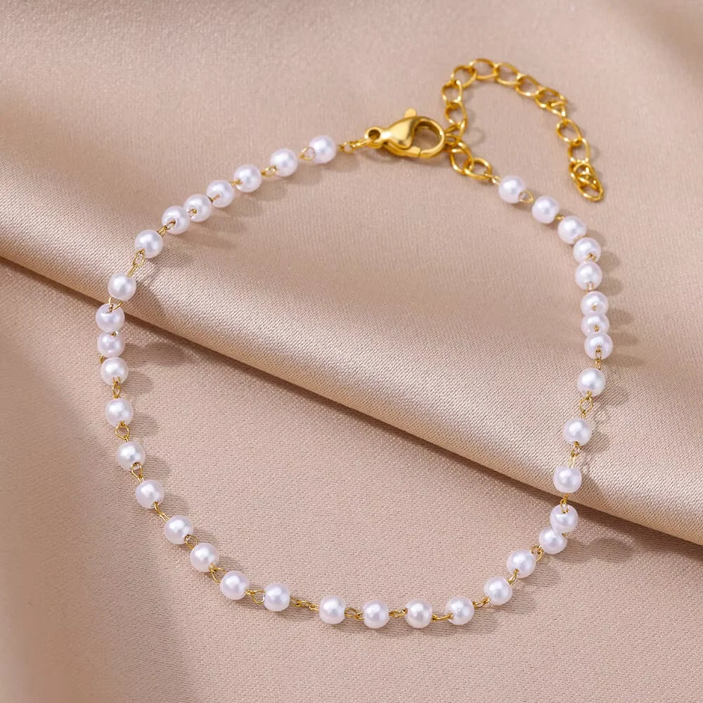 Boho Anklets for Women Summer Beach Accessories Stainless Steel Imitation Pearl Chain Anklet Gold Color Leg Bracelets Bodychain