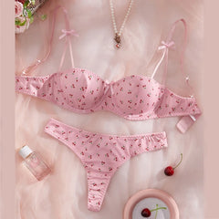 Lingerie Cute Cherry Print Bra Panty Sets Girl Beautiful Bow Sexy Lingerie Three-Point Underwear Intimate Sexy Female Lingerie