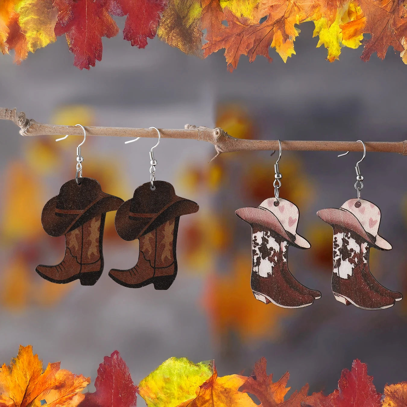 2 pairs/sets, featuring a combination design of western cowboy boots and hats, vintage western-style women's accessories, suitab