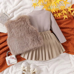 Children's Clothing Sets Furry Vest + Long Sleeve T-shirt + Leather Skirt 3pcs Sets Baby Girl Outfit Set Toddler Girl Clothes