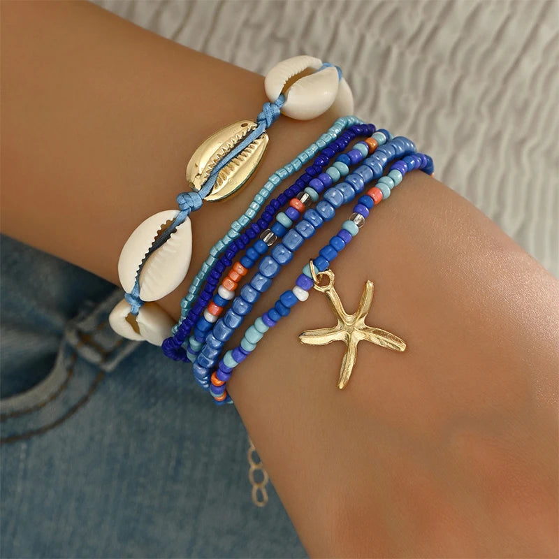 7Pcs Bohemian Style Starfish Shell Hand Woven Bracelet For Women Girls Fashion Beaded Bracelet Summer Beach Vacation Accessories