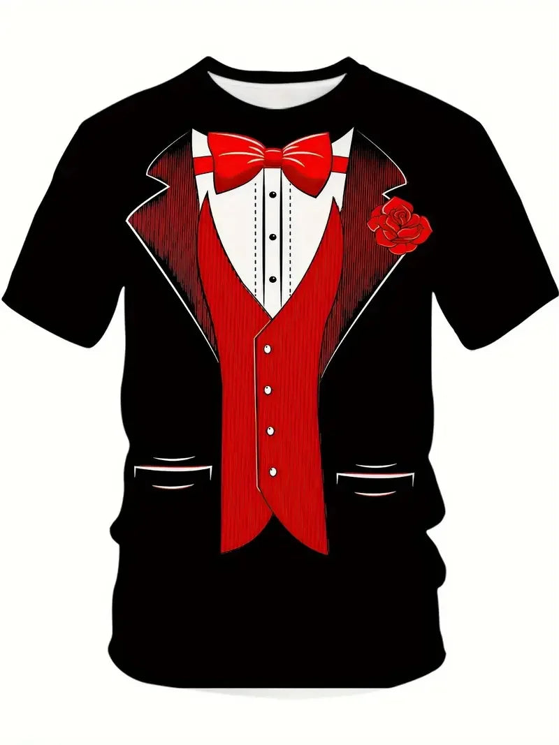 Men's Casual Suit Tie Print T-Shirt Tops Short Sleeve Crew Neck Men's Round Neck T-shirts New In Mens Cosplay Party Tee Shirts