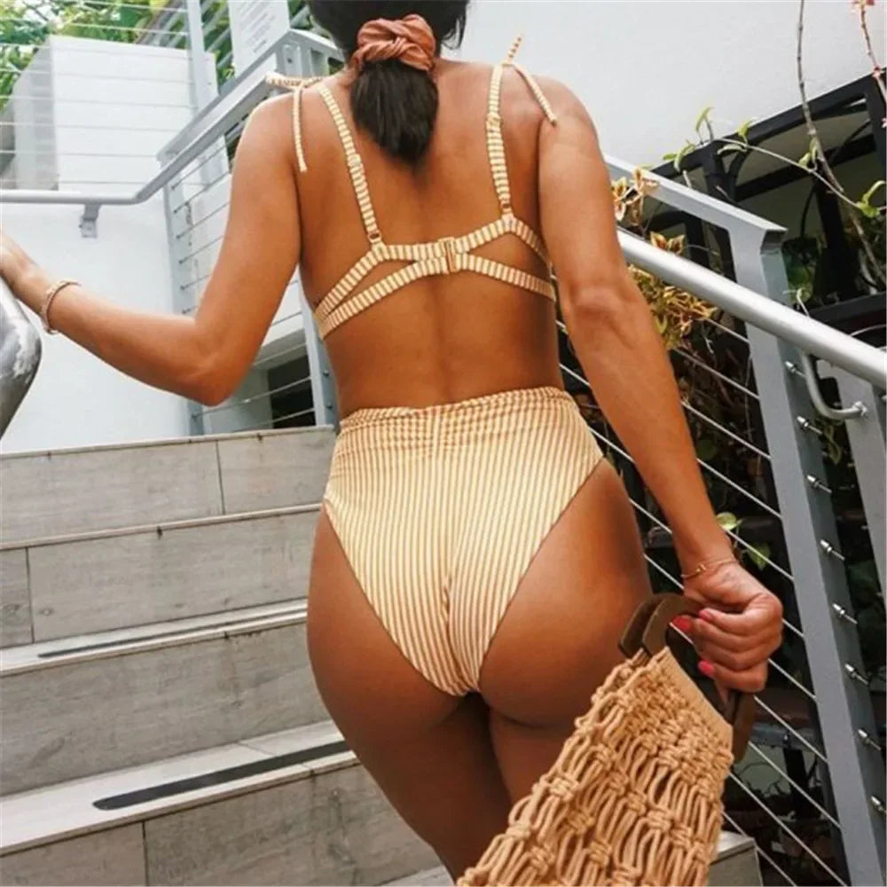 Sexy High Waist Belt Bikini Set 2023 Yellow Stripe Swimsuit Tie Front Women Swimwear Female Beach Wear Swim Bathing Suit