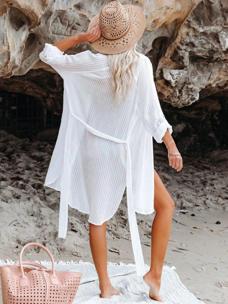 Beach Shirts Bikini Cover Ups for Women Self Belted Kimono Dress Elegant Swimsuit Covers Holiday Bathing Suits Beachwear